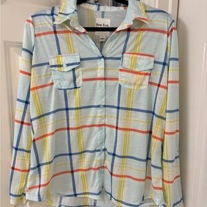 New York Laundry Light Blue Plaid Shirt with Yellow & Red Stripes